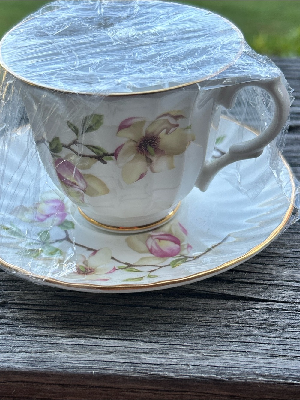 Vintage Lefton Pink Magnolia Fine Bone China Teacup and Saucer Gold Trim
